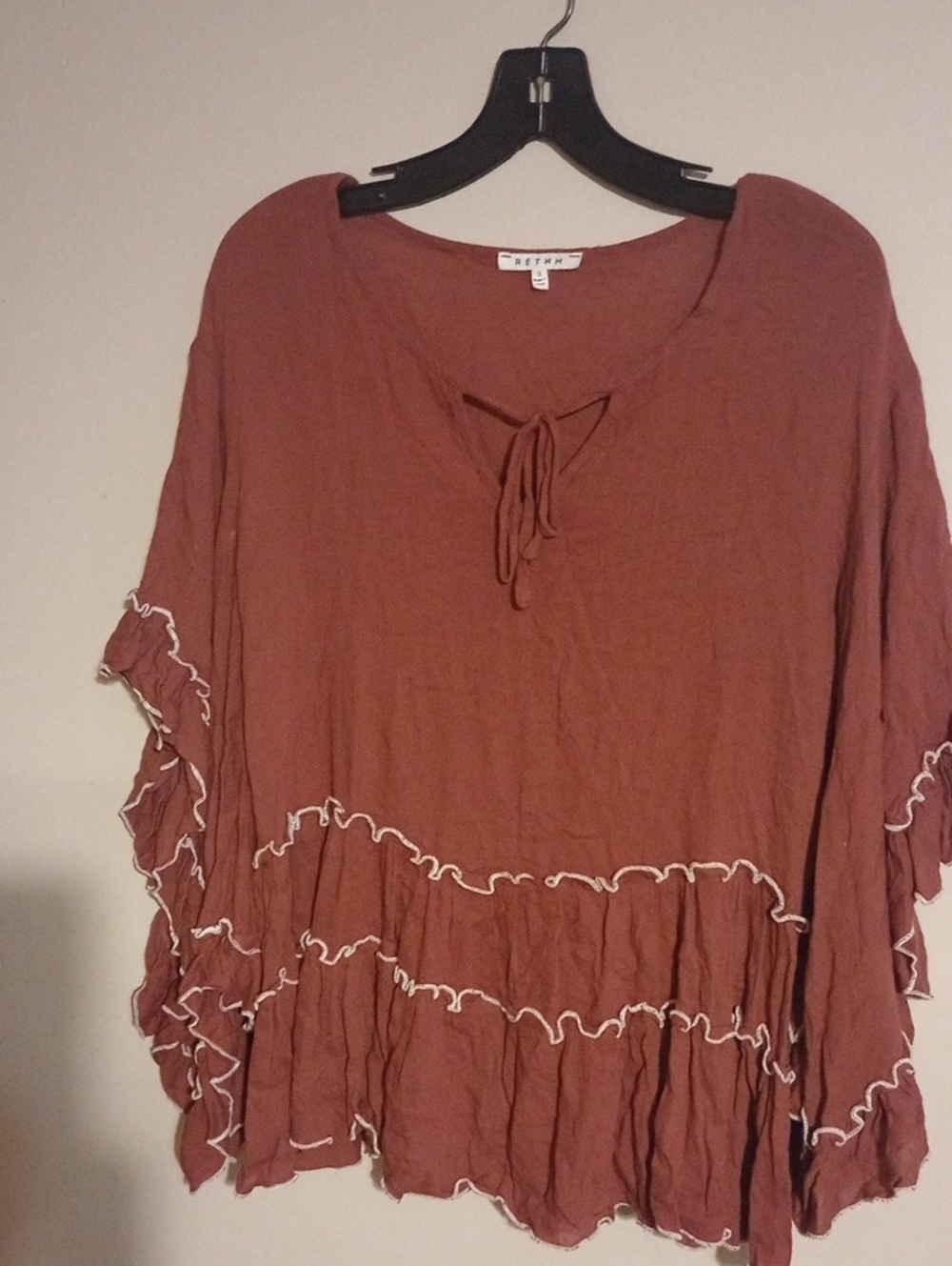 Women’s Dusty Rose Keyhole Tie-Front Baby Doll Ruffle Tunic Top White Stitching